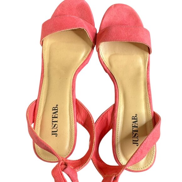 JustFab "Trina" Coral Colored Wedge Sandals, Lace-Up Tie, 4" Heel, Size 8 - Picture 7 of 10